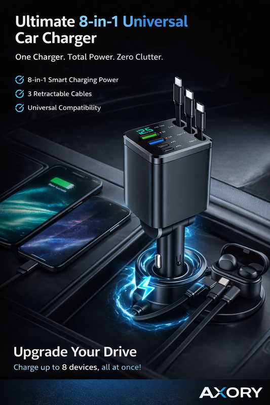 8-In-1 Car Fast Charger with 3 Retractable Cables 180° Adjustment LED Display Universal Plug for Iphone &amp; Type-C Devices