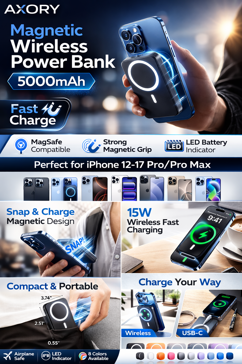 PowerSnap 5000mAh Magnetic Power Bank – MagSafe Wireless Fast Charger for iPhone 12–17 Pro/Pro Max